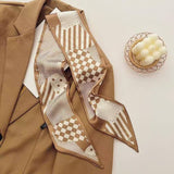 2-piece Coffee Geometric and Diamond Grid French Style Long Silk Scarf - Coffee  Print - Versatile Skinny Neck Ribbon, Hair Tie, Bag Handle Accessory, Elegant Office Wear, Lightweight Polyester