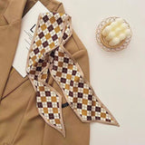 2-piece Coffee Geometric and Diamond Grid French Style Long Silk Scarf - Coffee  Print - Versatile Skinny Neck Ribbon, Hair Tie, Bag Handle Accessory, Elegant Office Wear, Lightweight Polyester