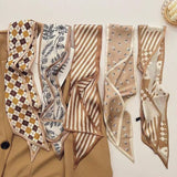 2-piece Coffee Geometric and Diamond Grid French Style Long Silk Scarf - Coffee  Print - Versatile Skinny Neck Ribbon, Hair Tie, Bag Handle Accessory, Elegant Office Wear, Lightweight Polyester - Top-Down View