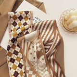 2-piece Coffee Geometric and Diamond Grid French Style Long Silk Scarf - Coffee  Print - Versatile Skinny Neck Ribbon, Hair Tie, Bag Handle Accessory, Elegant Office Wear, Lightweight Polyester - 45-Degree Angle