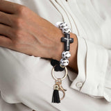Black and White Silicone Bead Keychain with Cross Charm, Rhinestone Ring &short  Tassel - Religious Silicone Beaded Key Ring, Lightweight & Durable