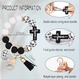 Black and White Silicone Bead Keychain with Cross Charm, Rhinestone Ring &short  Tassel - Religious Silicone Beaded Key Ring, Lightweight & Durable