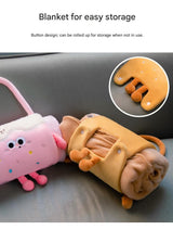Brown Puppy 100*170cm Cartoon Hand-Carry Roll-Up Blanket - Plush Flannel Nap Blanket with Pillow Function, Portable Office & Travel Throw for Home, Car, and Sofa Use - Soft, Machine Washable, Multi-Scene Use - Top-Down View