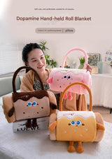 Pink 100*170cm Cartoon Hand-Carry Roll-Up Blanket - Plush Flannel Nap Blanket with Pillow Function, Portable Office & Travel Throw for Home, Car, and Sofa Use - Soft, Machine Washable, Multi-Scene Use - Front View