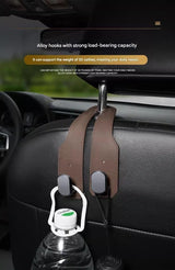 2-piece Brown and Grey ABS Dual-Hook Car Seat Back Hanger — Foldable, Faux-Suede Headrest Hook; The ideal companion for hanging handbags and shopping bags, also doubles as a mobile phone holder - Top-Down View
