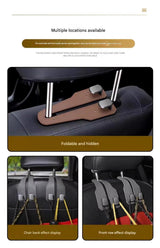 2-piece Brown and Grey ABS Dual-Hook Car Seat Back Hanger — Foldable, Faux-Suede Headrest Hook; The ideal companion for hanging handbags and shopping bags, also doubles as a mobile phone holder - 45-Degree Angle