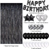 Black and White Premium Foil Balloon Party Kit – Happy Birthday Banner, 2 Star & 2 Heart Foil Balloons, 10 Confetti + 10 Pearl Latex Balloons, 2m Fringe Curtain & 10m Ribbon – Elegant, Easy Setup for Birthdays & Celebrations