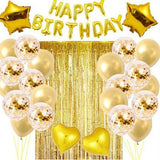 Black and White Premium Foil Balloon Party Kit – Happy Birthday Banner, 2 Star & 2 Heart Foil Balloons, 10 Confetti + 10 Pearl Latex Balloons, 2m Fringe Curtain & 10m Ribbon – Elegant, Easy Setup for Birthdays & Celebrations - Top-Down View