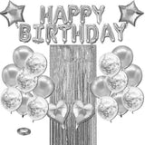 Black and White Premium Foil Balloon Party Kit – Happy Birthday Banner, 2 Star & 2 Heart Foil Balloons, 10 Confetti + 10 Pearl Latex Balloons, 2m Fringe Curtain & 10m Ribbon – Elegant, Easy Setup for Birthdays & Celebrations - 45-Degree Angle