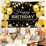 180*115cm Golden and Black Happy Birthday Banner - Glitter Party Backdrop & Confetti, Durable Polyester Wall Decoration for Birthday Parties, Photo Booth Background, Easy Hang Birthday Sign - Top-Down View