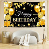 180*115cm Golden and Black Happy Birthday Banner - Glitter Party Backdrop & Confetti, Durable Polyester Wall Decoration for Birthday Parties, Photo Booth Background, Easy Hang Birthday Sign - 45-Degree Angle