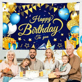 180*115cm Golden and Blue Happy Birthday Banner - Glitter Party Backdrop & Confetti, Durable Polyester Wall Decoration for Birthday Parties, Photo Booth Background, Easy Hang Birthday Sign - Top-Down View
