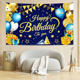 180*115cm Golden and Blue Happy Birthday Banner - Glitter Party Backdrop & Confetti, Durable Polyester Wall Decoration for Birthday Parties, Photo Booth Background, Easy Hang Birthday Sign - 45-Degree Angle