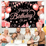 180*115cm Black and Pink Happy Birthday Banner - Glitter Party Backdrop & Confetti, Durable Polyester Wall Decoration for Birthday Parties, Photo Booth Background, Easy Hang Birthday Sign - Top-Down View