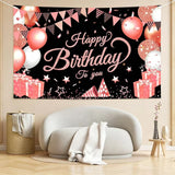 180*115cm Black and Pink Happy Birthday Banner - Glitter Party Backdrop & Confetti, Durable Polyester Wall Decoration for Birthday Parties, Photo Booth Background, Easy Hang Birthday Sign - 45-Degree Angle