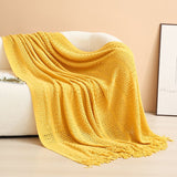 Yellow Elegant Openwork Knitted Throw Blanket with Tassels - 130x230cm Large Decorative Soft Sofa Blanket for Living Room & Bedroom - Breathable Cozy Cover for Travel & Office Nap