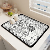 Diatom Mud Kitchen Counter Mat - Quick Dry Absorbent Non-Slip Draining Pad for Sink Benchtop 50cm x 80cm(Black and White Iris)