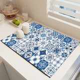 Diatom Mud Kitchen Counter Mat - Quick Dry Absorbent Non-Slip Draining Pad for Sink Benchtop 50cm x 80cm(Impressions of Blue and White Porcelain)