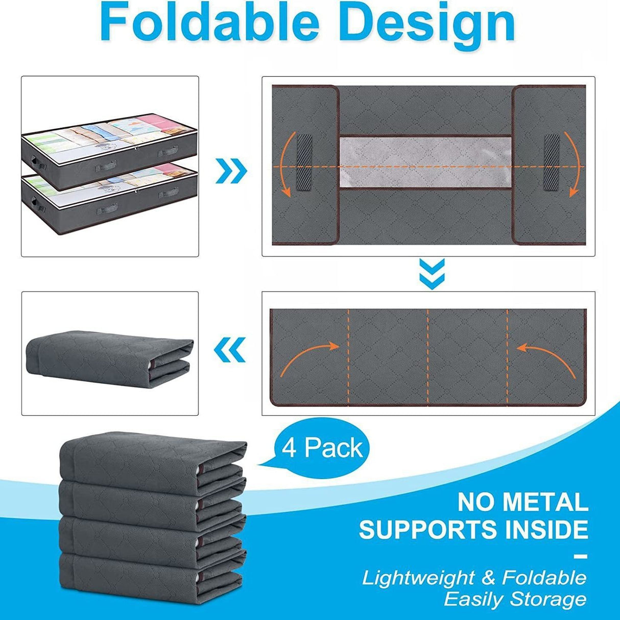 Black Under Bed Storage Bag - Foldable Underbed Organiser with Clear Window and Handles for Blankets Clothes