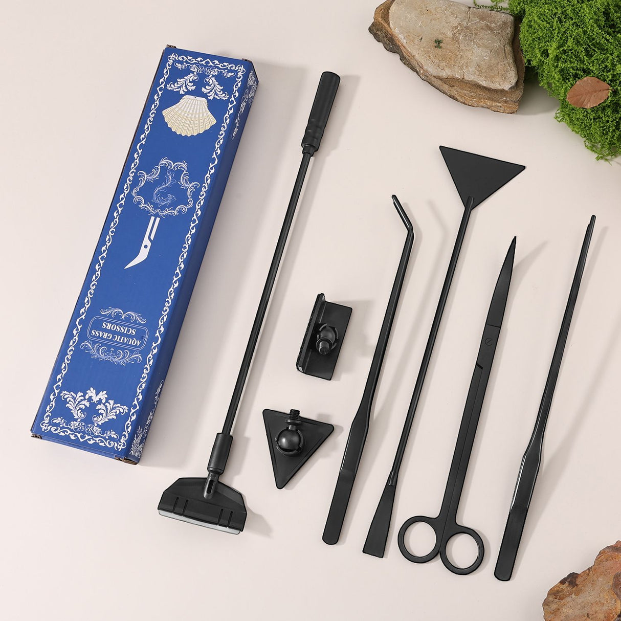 Black Stainless Steel Aquarium Cleaning Tool Kit - 5 Piece Fish Tank Maintenance Set with Tweezers Scissors Algae Scraper Spatula