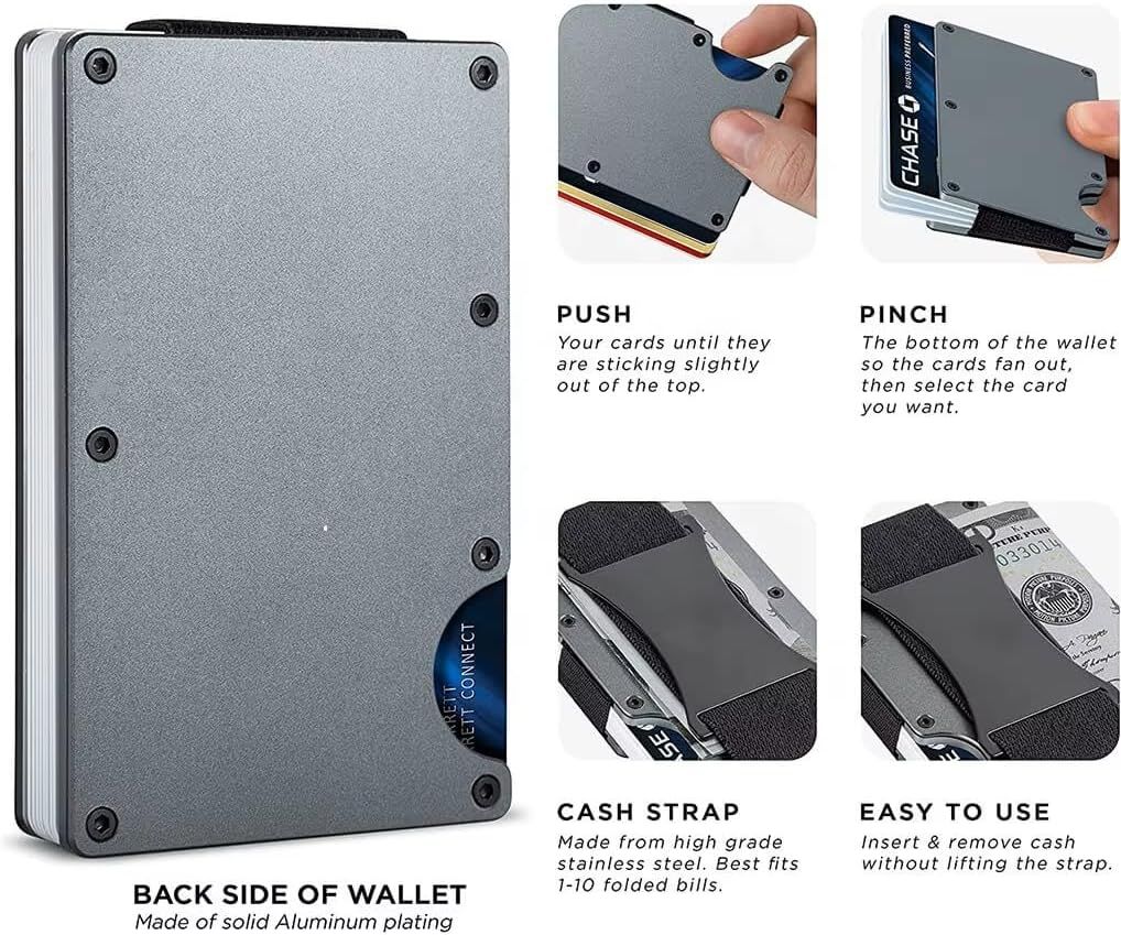 Grey Slim RFID Blocking Aluminum Card Holder - Metal Wallet with Cash Strap Minimalist Card Case