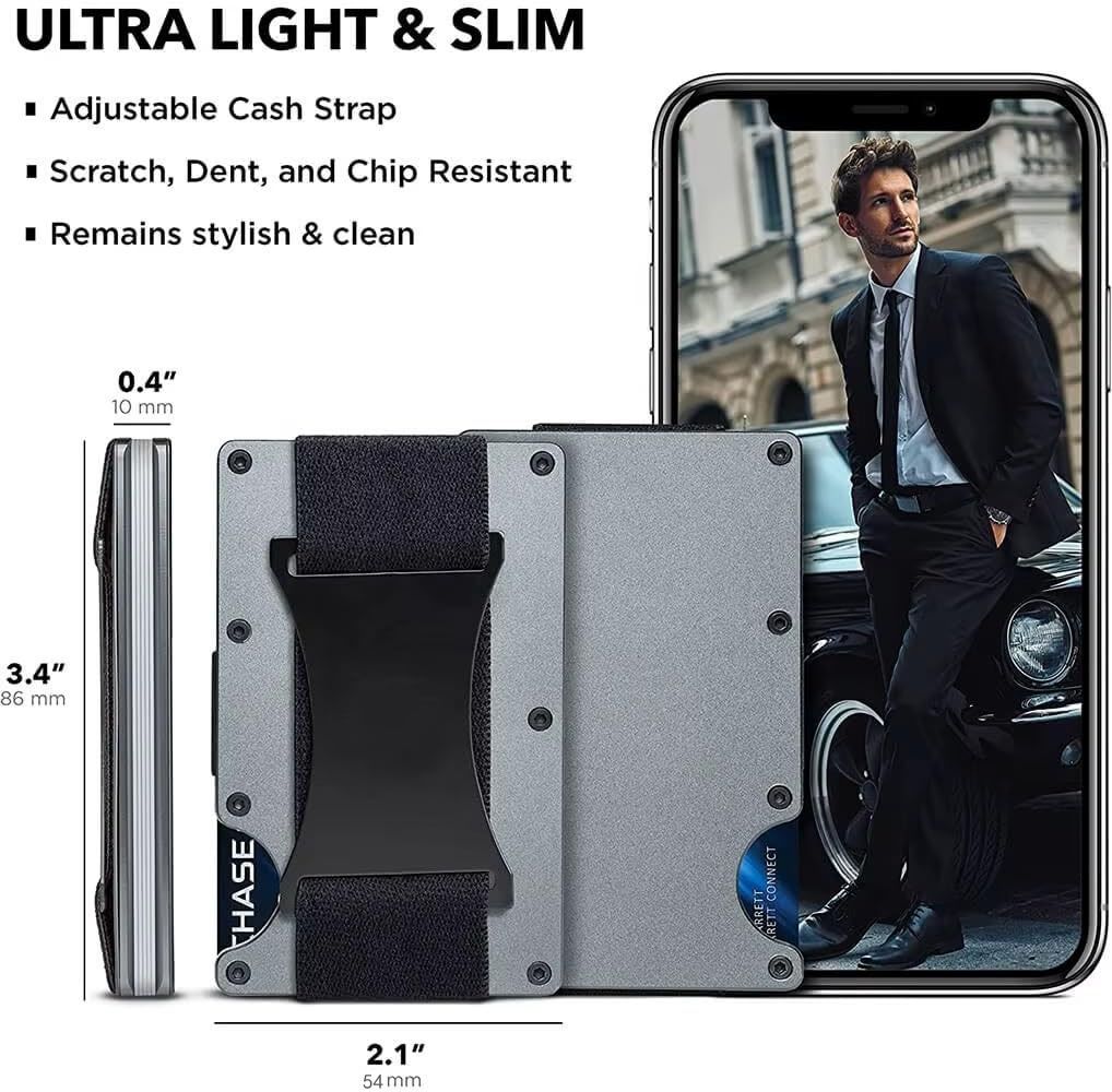 Dark grey Slim RFID Blocking Aluminum Card Holder - Metal Wallet with Cash Strap Minimalist Card Case