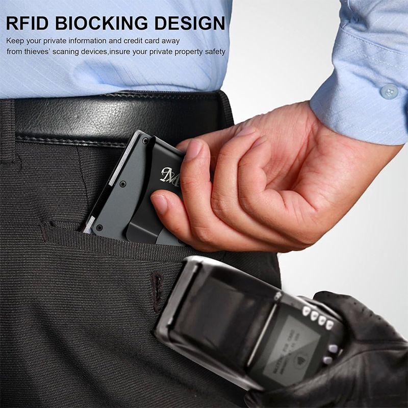 Coffee color Slim RFID Blocking Aluminum Card Holder - Metal Wallet with Cash Strap Minimalist Card Case