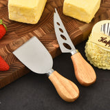 6-Piece Stainless Steel Cheese Knife Set with Wooden Handles - Cheese Knife Fork Butter Spatula for Home Kitchen Baking - Front View