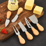 6-Piece Stainless Steel Cheese Knife Set with Wooden Handles - Cheese Knife Fork Butter Spatula for Home Kitchen Baking - Side View