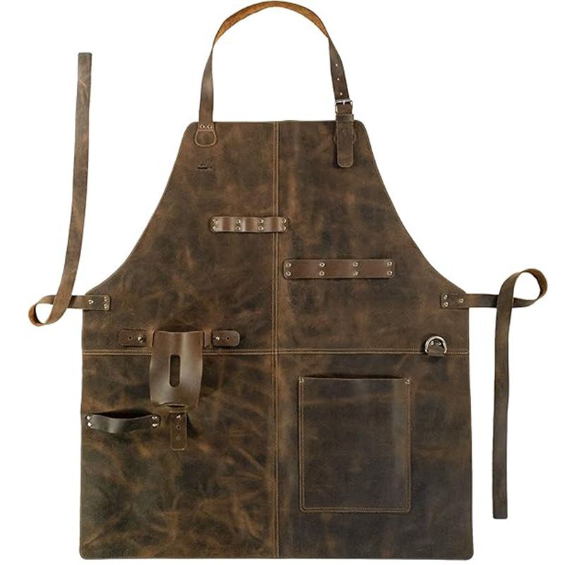 Retro PU Leather Apron - Multi-Pocket Cross-Neck Craftsman Workwear for Woodworking BBQ
