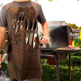 Retro PU Leather Apron - Multi-Pocket Cross-Neck Craftsman Workwear for Woodworking BBQ - Rear View