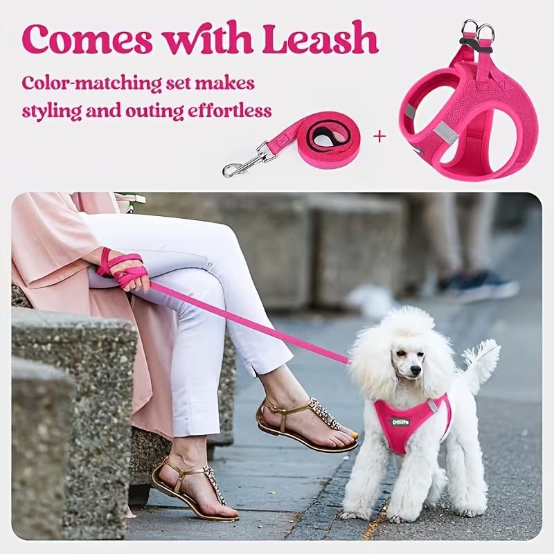 Black Breathable Dog Harness and Leash Set - Adjustable Reflective Pet Vest with Swivel Clip(Size: L)