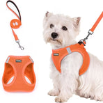 Orange Breathable Dog Harness and Leash Set - Adjustable Reflective Pet Vest with Swivel Clip(Size: XS)