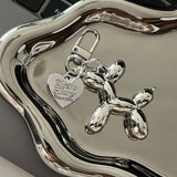 2-Piece Silver Balloon Dog Keychain Set with Heart Charm Bag Pendant Cute Couple Gift
