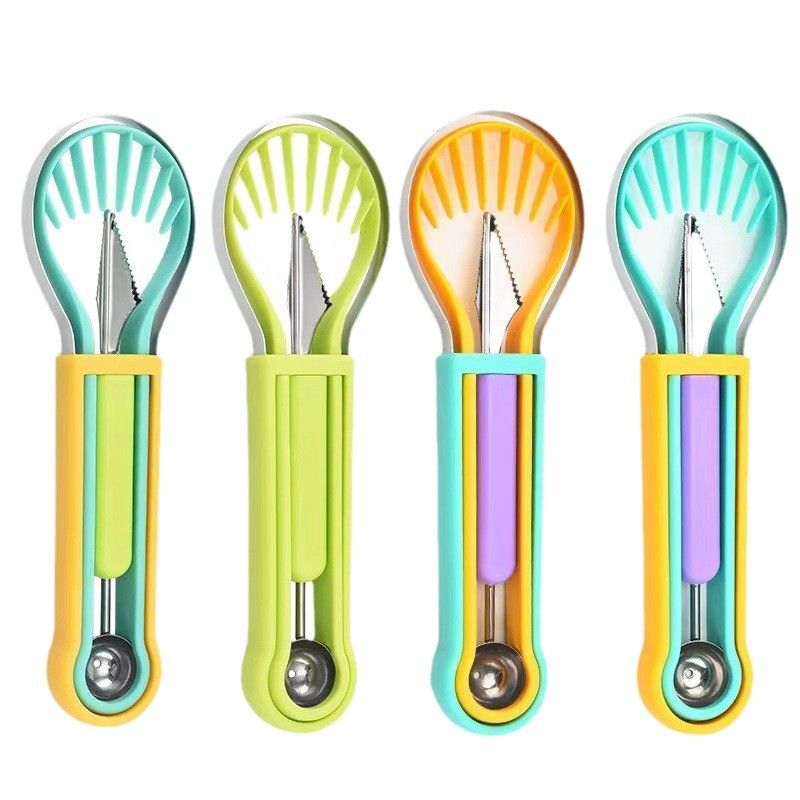 2-Piece Fruit Carving Tool Set Melon Baller Scoop Knife Stainless Steel(Blue, yellow and purple)