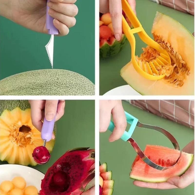2-Piece Fruit Carving Tool Set Melon Baller Scoop Knife Stainless Steel(Green)