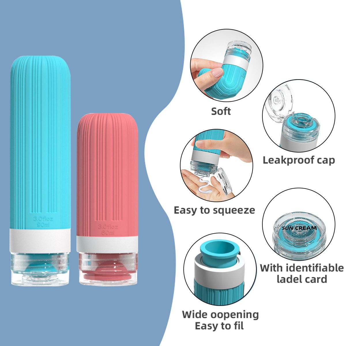 Silicone Travel Toiletry Bottles Set Leakproof Squeeze Containers with Case(06)