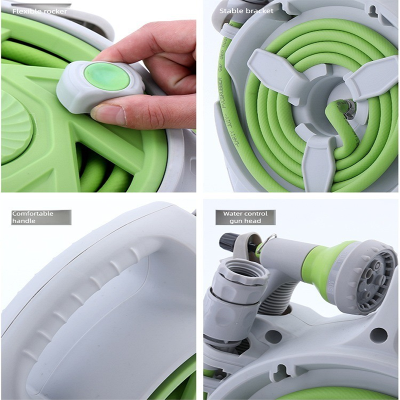 Green Portable Hose Reel Cart with 14m Hose 7-Pattern Spray Gun Garden Watering System