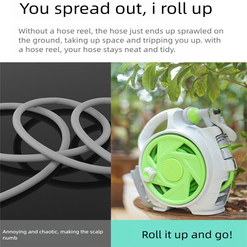 Green Portable Hose Reel Cart with 14m Hose 7-Pattern Spray Gun Garden Watering System
