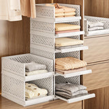 White Wardrobe Storage Organizers 2 Piece Set High & Low Pull-Out Drawer Style for Clothes - Front View