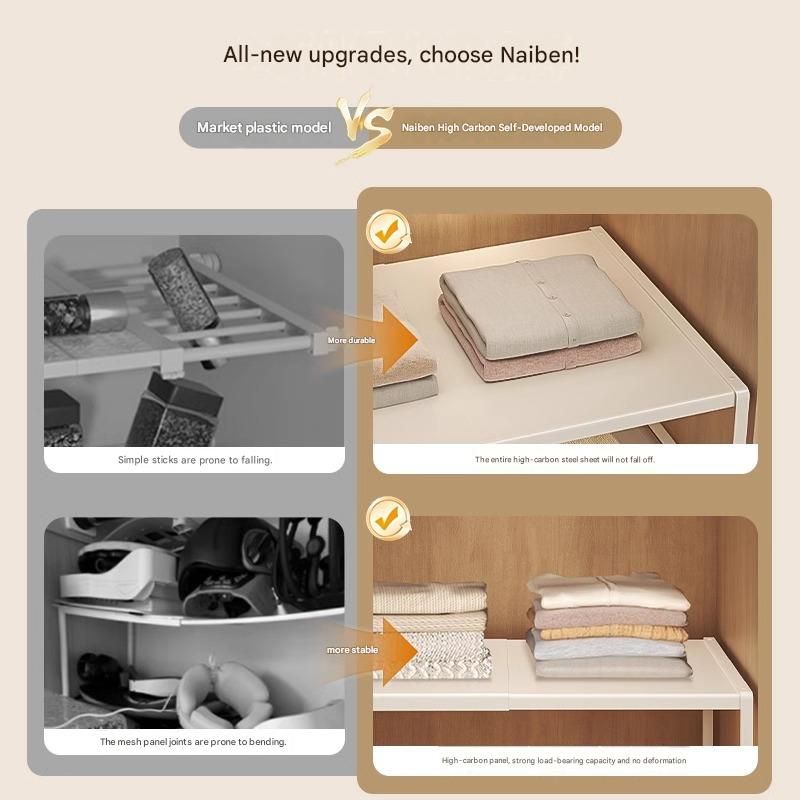 White Adjustable Closet Shelf Organizer, Expandable Wardrobe Divider Rack for Cabinet, Kitchen, and Entryway, Heavy-Duty Carbon Steel Storage Shelf, 27-38cm Length, 35cm Width, 22cm Height