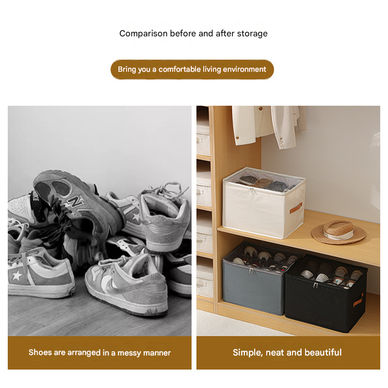 Beige Foldable Fabric Shoe Storage Box with Compartments Dustproof Moistureproof