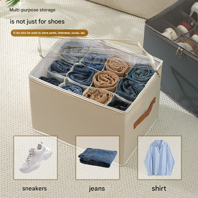 Grey Foldable Fabric Shoe Storage Box with Compartments Dustproof Moistureproof