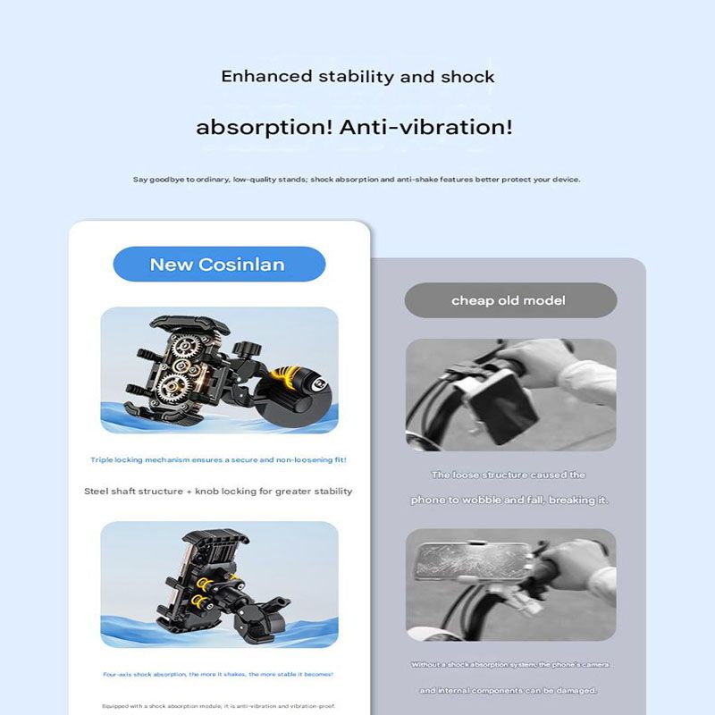 Black Motorcycle Phone Holder 4-Axis Shockproof Anti-Shake Mount for Navigation