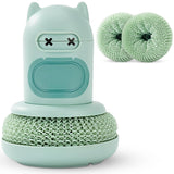 Green Cartoon Press Dishwashing Brush with Replaceable Sponge Heads Kitchen Pot Cleaner