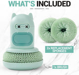 Green Cartoon Press Dishwashing Brush with Replaceable Sponge Heads Kitchen Pot Cleaner - 45-Degree Angle