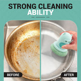 White Cartoon Press Dishwashing Brush with Replaceable Sponge Heads Kitchen Pot Cleaner