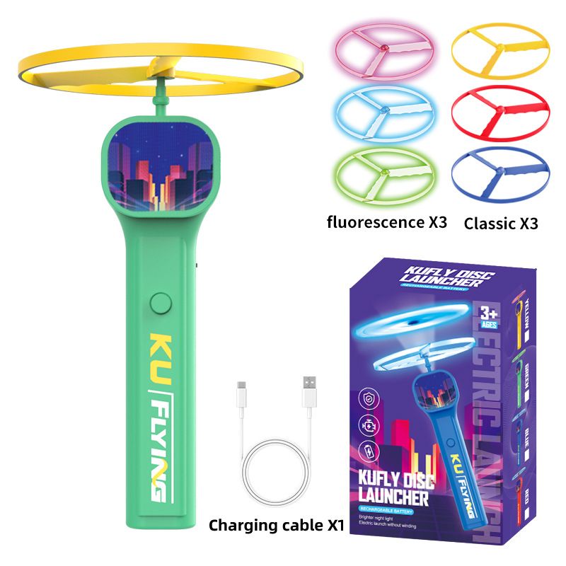 Green LED Light Up Flying Disc Cat Toy Interactive UFO Launcher with Replacement Discs