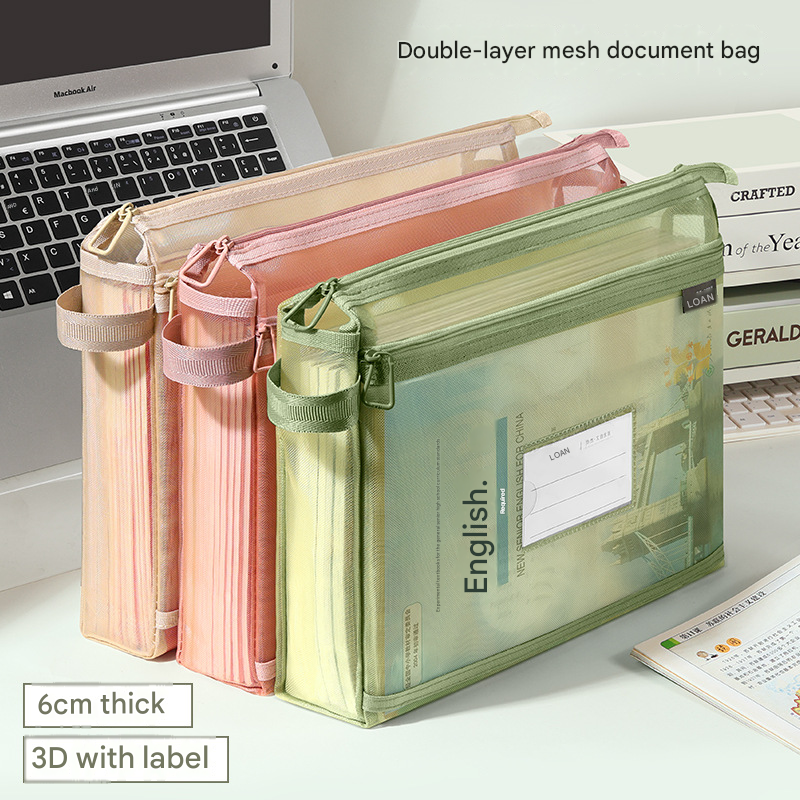 Morandi Green Double Layer Mesh File Bag with Handle Large Capacity Student Subject Organizer