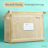 Morandi yellow Double Layer Mesh File Bag with Handle Large Capacity Student Subject Organizer
